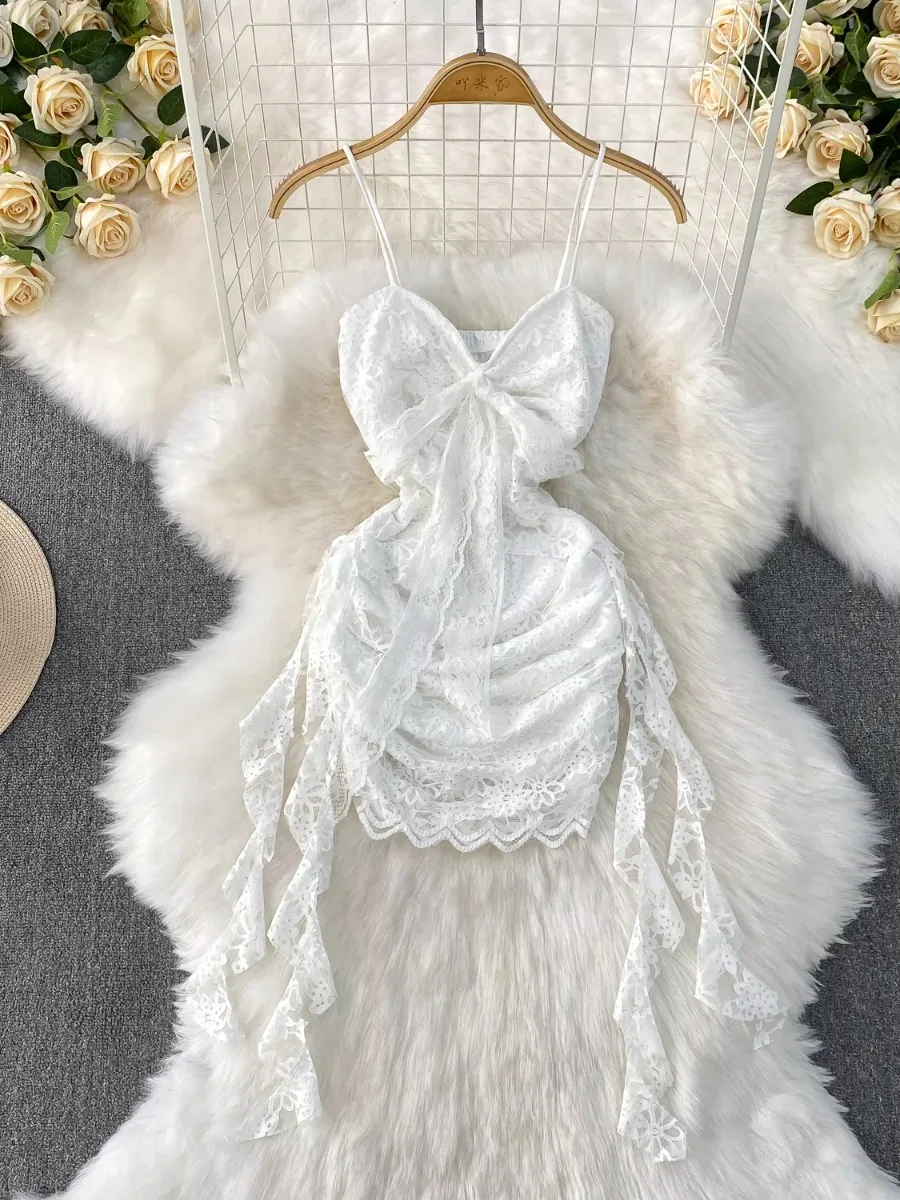 SSTss Hottie moda Sexy corte bajo encaje Streamer vestido con tirantes mujer novedad de verano Falda corta ajustada vestidos Nini