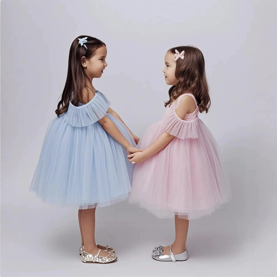 

Lovely Flower Girl Dress For Wedding Shiny Off shoulder Sling Dresses Little Girl First Communion piano performance Banquet Gown