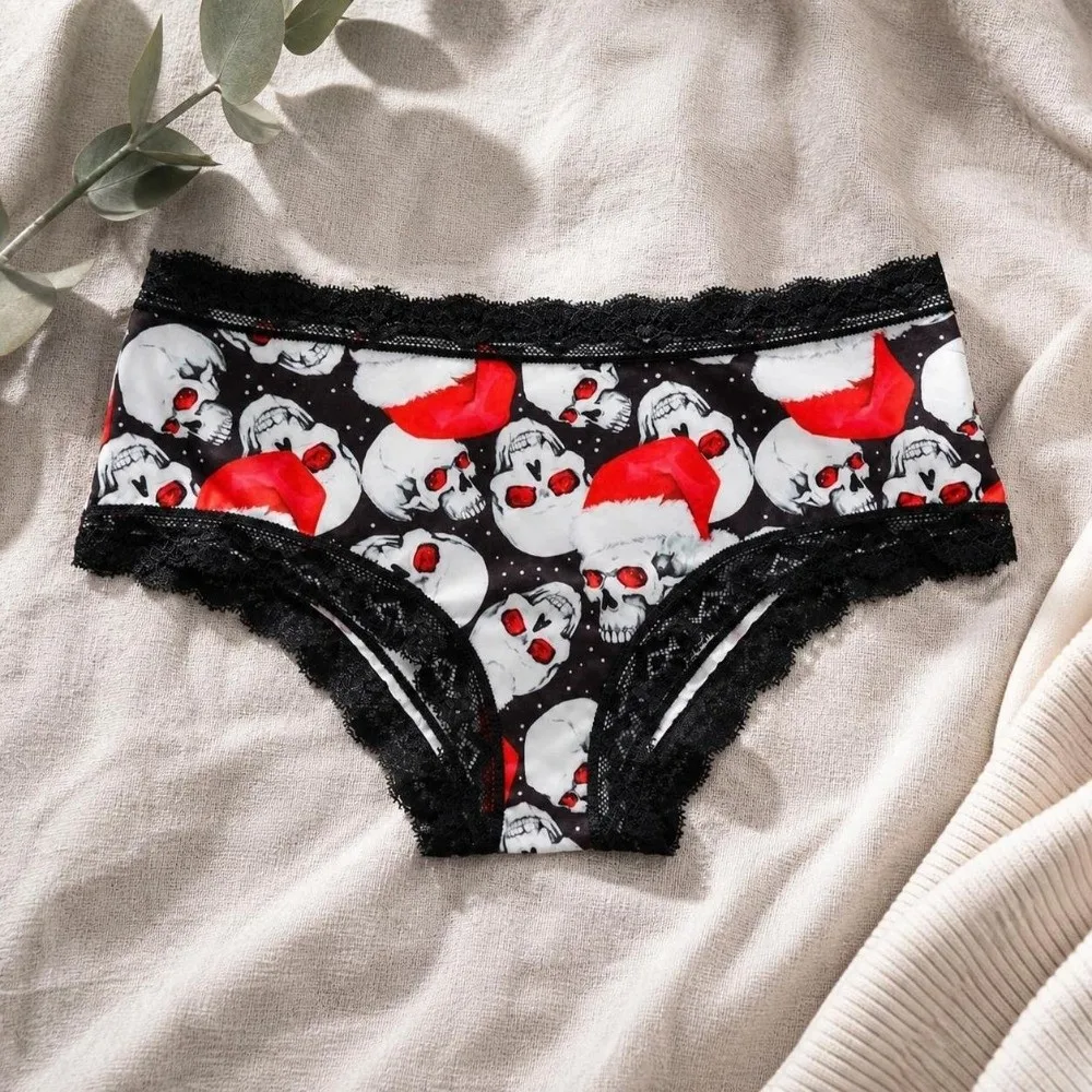 Mid Waist Women's Panties Gothic Style Halloween Skull Skeleton Briefs Star Flower Butterfly Lace Triangle Underwear