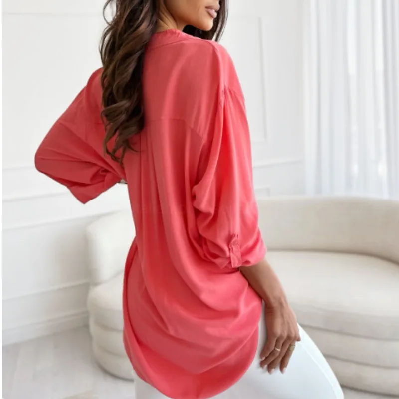 

Свободный крой с одним пуговиком и воротником без пуговиц, весна-лето, новый рубашка, бирюзовый синий, простой дизайн, женский модный топ