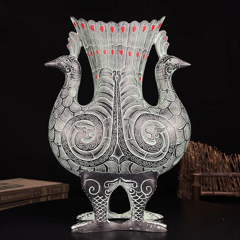 

Bronze Ornament Double Phoenix Cup Wine Jar Auspicious Bird Statue Vase Antique Decoration Craft Flower Holder Pen Holde