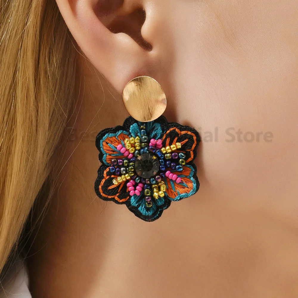 Pendientes de algodón con cuentas hechas a mano para mujer, moda coreana, flor grande, tendencia, nuevos accesorios de joyería llamativos elegantes