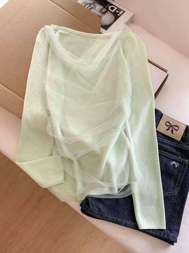 

Sweet Sle Knitted Top Lace Splicing One oulder Wide Ne Women's irt High Waist pe Long Sve Pure Color Spring Faion