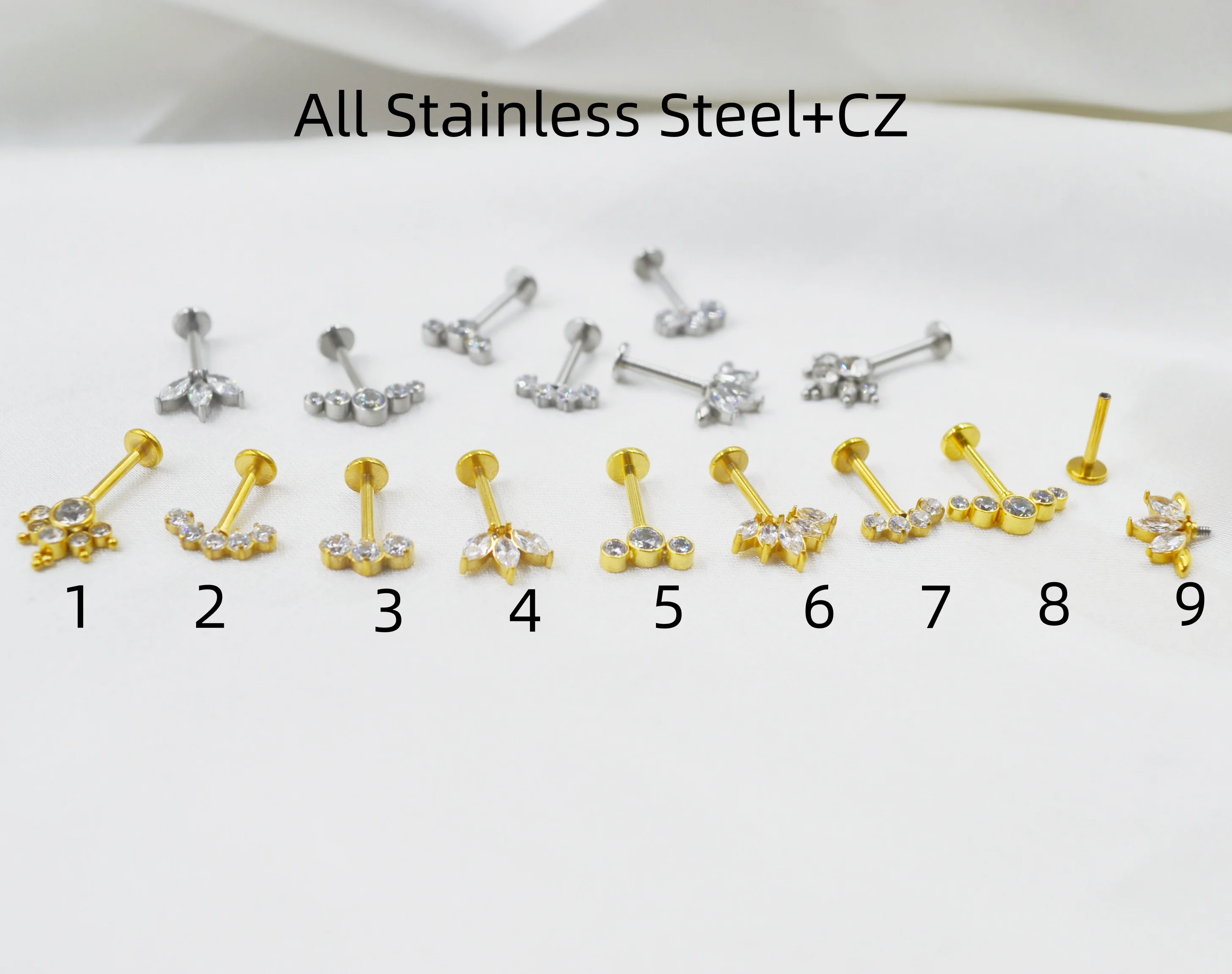 

20pcs/Lot Body Jewelry 16G CZ Gems Surgical Steel Piercing Lip Bar piercing Labret ring Ear Helix Cartilage Stud New