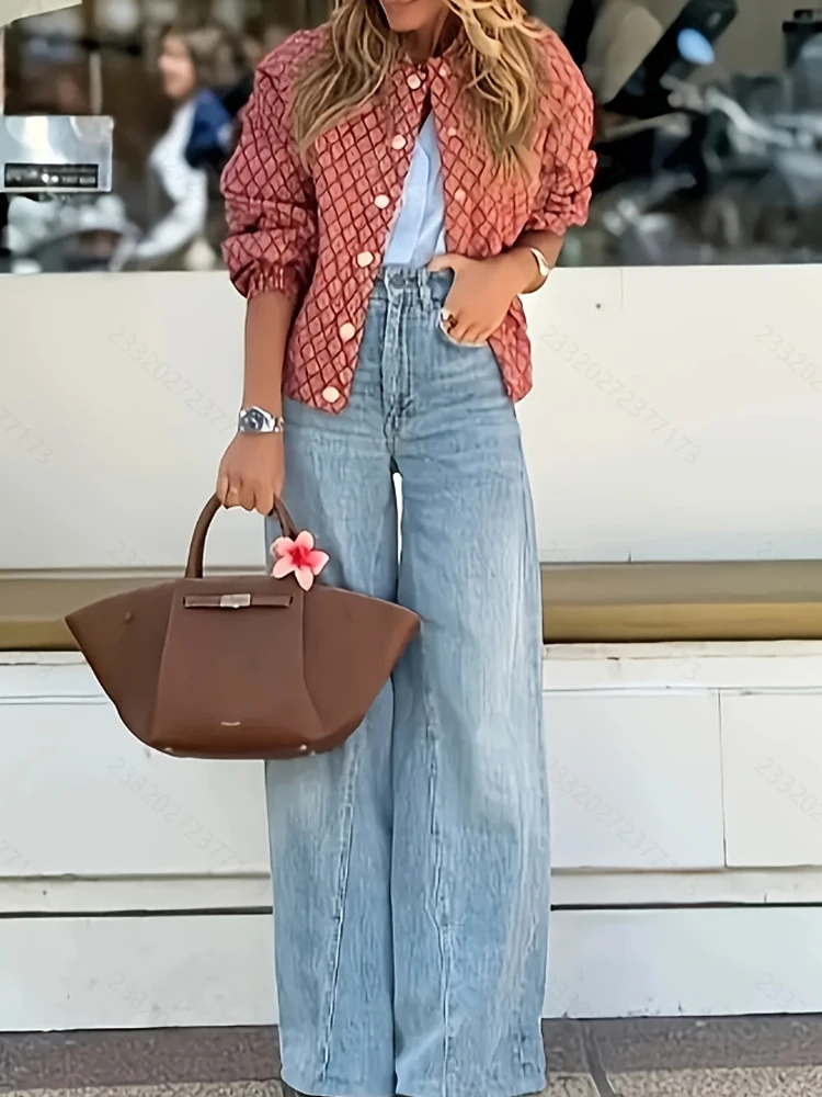 

Fashion O-neck Pattern Print Jacket Autumn Casual Long Sleeve Loose Coats Winter Elegant Button Hight Street Baseball Outerwear