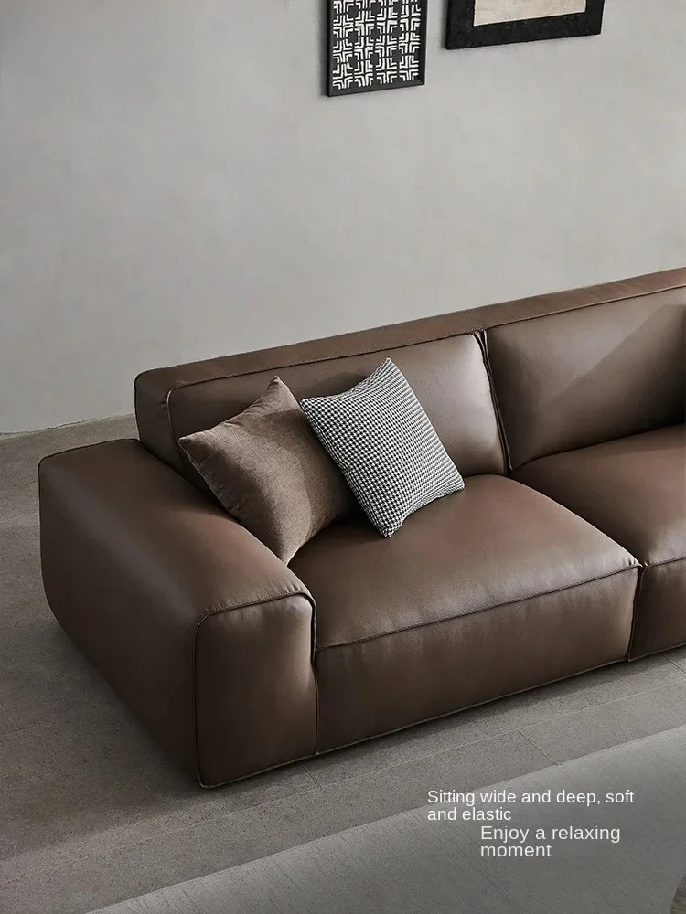 B sofa minimalist leather small apartment straight row first layer cowhide living room light luxury simple tofu block