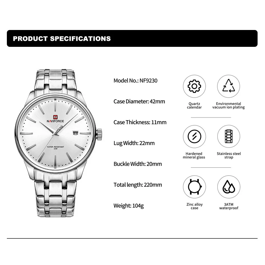 Top Brand NAVIFORCE Men\'s Calendar Watch Waterproof Fashion Business Stainless Steel Strap Quartz Wristwatches Relogio Masculino