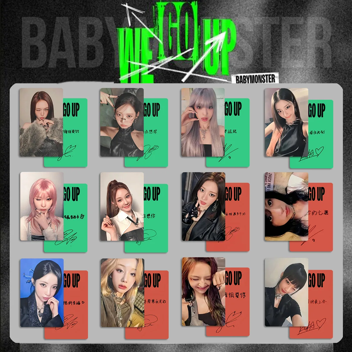 مجموعة الفتيات الكورية الجنوبية KPOP BABYMONSTER Monster WE GO UP ألبوم JD بطاقة صينية خلفية صورة، أغنية، بطاقة رمز كارتر لومو