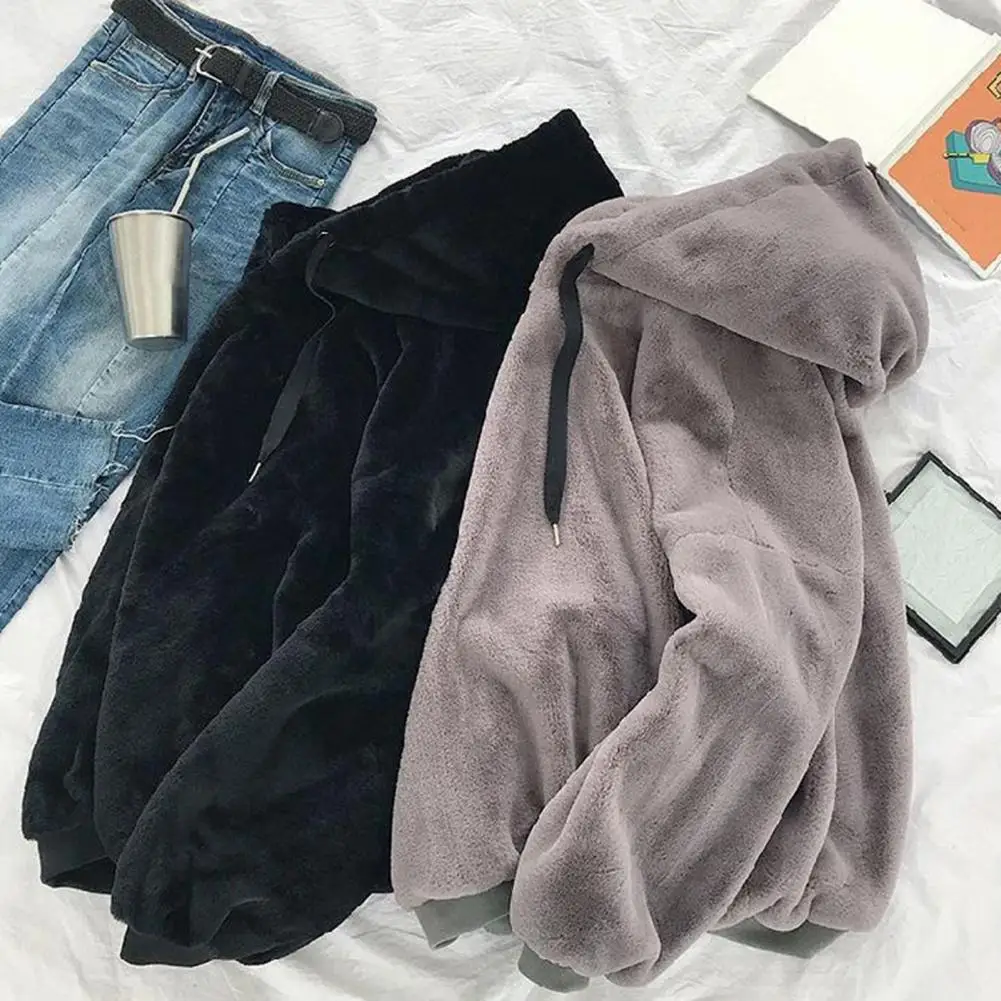 Trendy Plush Hoodie Drawstring Skin-Touch Couple Sweatshirt Boys Girls Casual Hoodie Pure Color Plush Sweatshirt