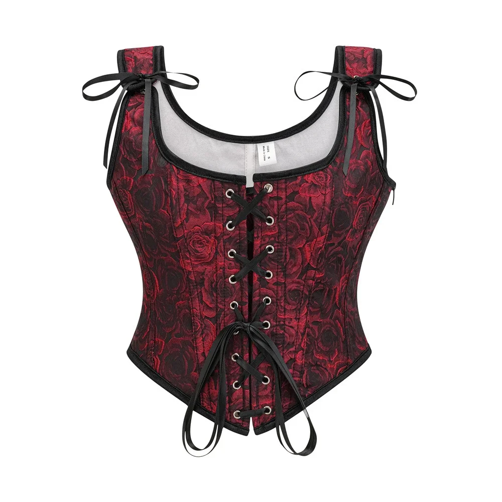 Gothic Vintage Vollbrustkorsett Crop Tops Damen Sexy Bustier mit Trägern Mieder Schnürung Blumendrucke Body Shaper Mieder