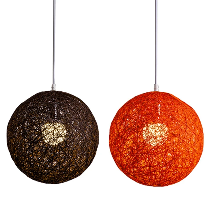 Premium-2X Coffee / Orange Bamboo, Rattan And Hemp Ball Chandelier Individual Creativity Spherical Rattan Nest Lampshade