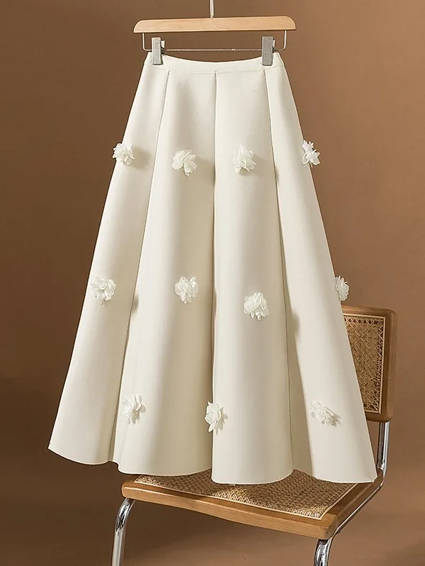 Elegant Floral 3D Embellished Midi Skirt for Women in Satin Fabric plus Size Korean Style Commute High Waist A-Line Skirt