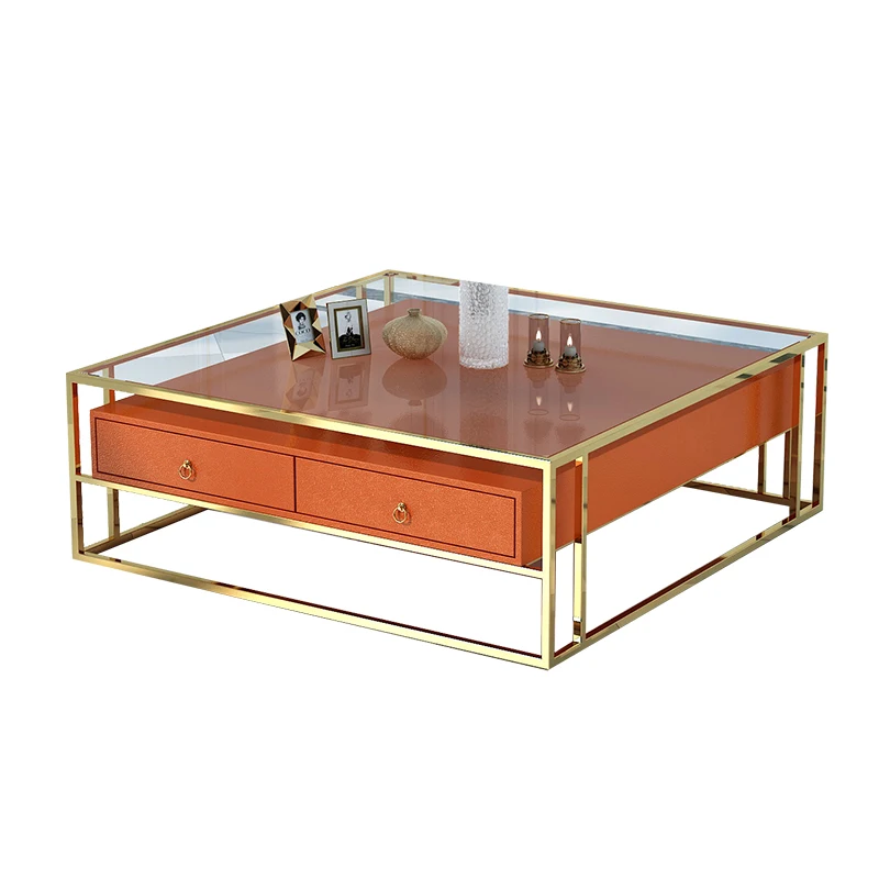 

Luxurious glass tea table square simple modern home living room tea table storage creative orange furniture