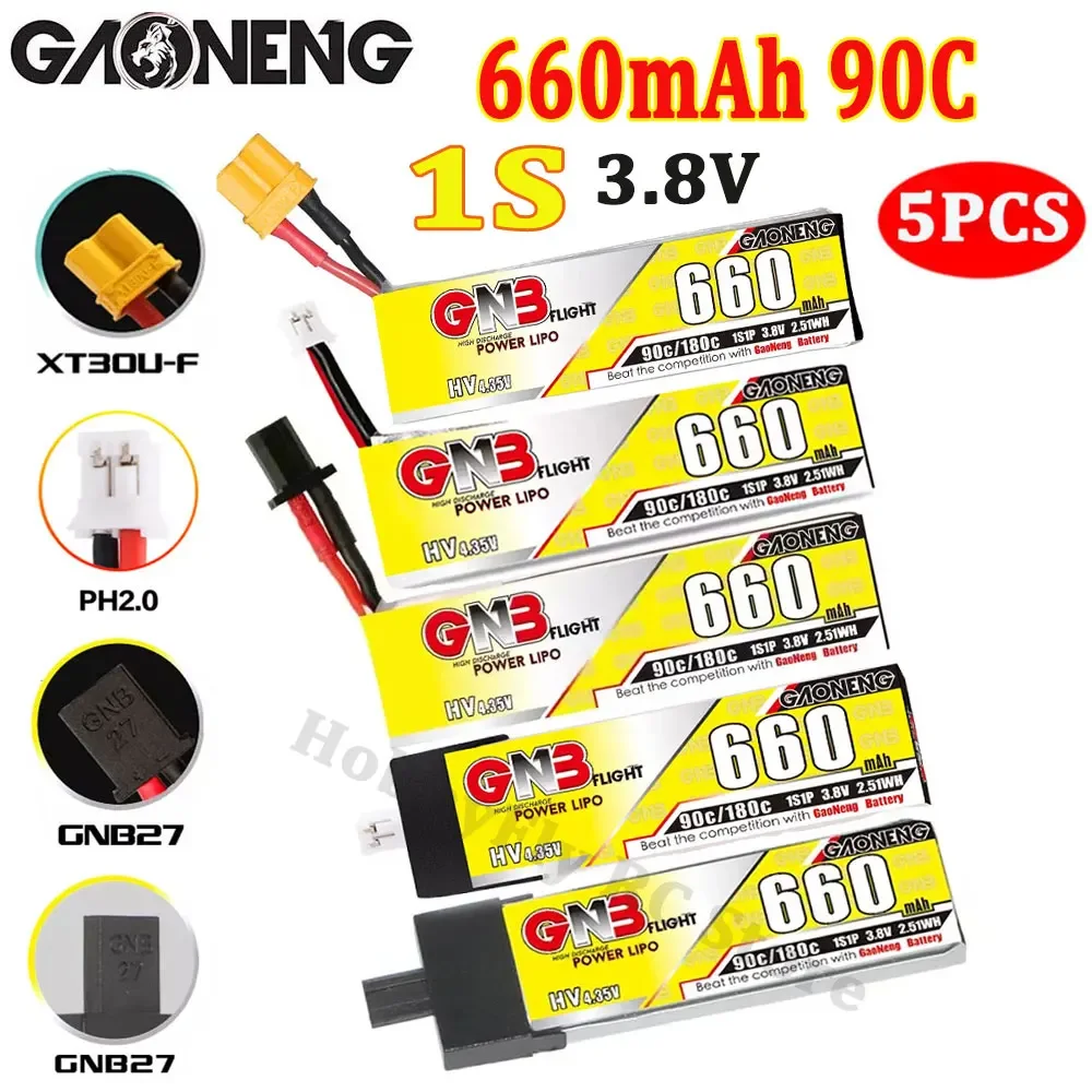 

5 шт. GAONENG GNB 660 мАч 1S1P 3,8 В 90C Lipo аккумулятор с разъемом XT30/PH2.0/GNB27 для Emax Tinyhawk Kingkong LDARC TINY7 FPV Drone