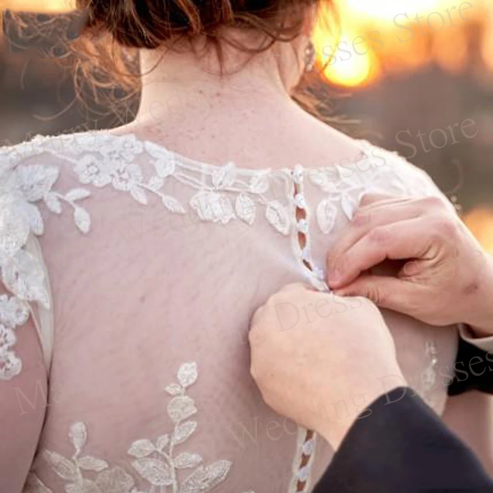 Robes de mariée A-ligne en dentelle pour femmes, gracieuses et généreuses, charmantes appliques, robes de mariée à manches longues, boutons en tulle, vêtements éducatifs