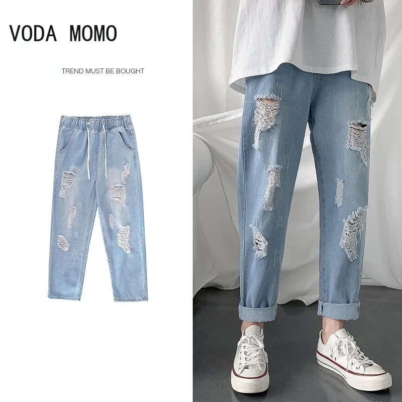 

Summer Slim Fit Jeans for Mens Streetwear Korean Designer Regular Distressed Denim Slim Homme Pants Hip Hop Hole Jeans Trousers