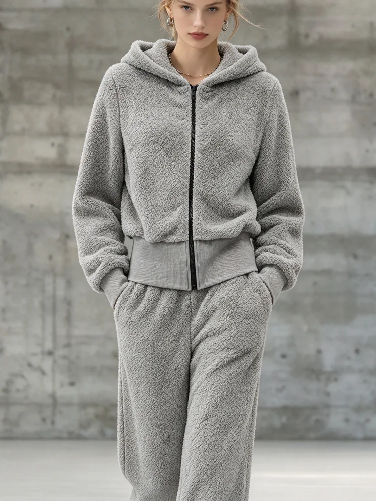 Ensemble deux pièces pour femmes : veste zippée à capuche douce et pantalon ample, tenue décontractée, chaude, sportive, idéale pour se détendre à la maison ou pour un look streetwear.