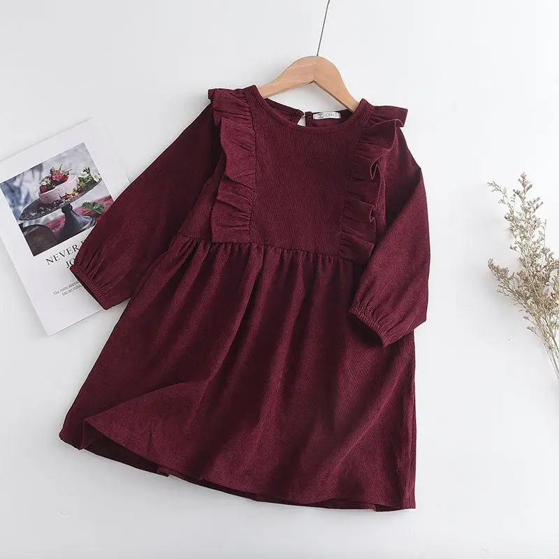 Toddler Girls Chocolate Brown Corduroy Dress Long Sleeve Round Neck Ruffle Trim A-Line Vintage Style Fall Winter Outfit