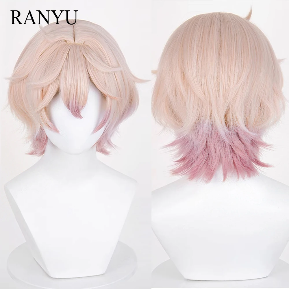 

Ombre Pink Short Straight Synthetic Anime Game Cosplay Wigs Fluffy Heat Resistant Wig with Bangs for Daily Party