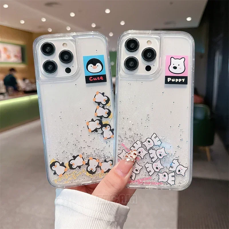 For iPhone 11 12 13 14 15 16 Pro Max Case Liquid Quicksand Glitter Cute Animals Puppy Bear Penguin Tomato Slip Sheet Clear Cover