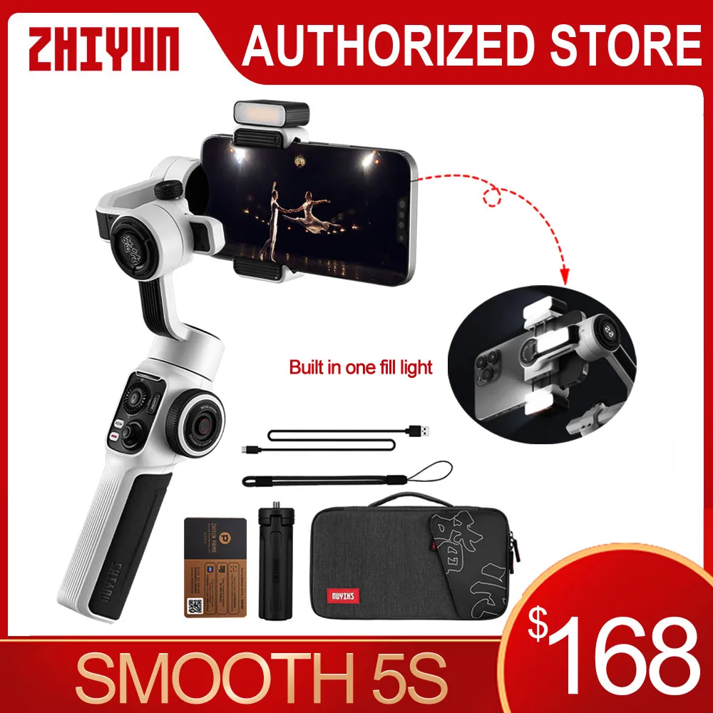 Zhiyun Smooth 5s 3-Axis Gimbal Stabilizer Foldable Selfie Stick With Fill Light&APP Control Stabilizer for Cell Phone Smartphone