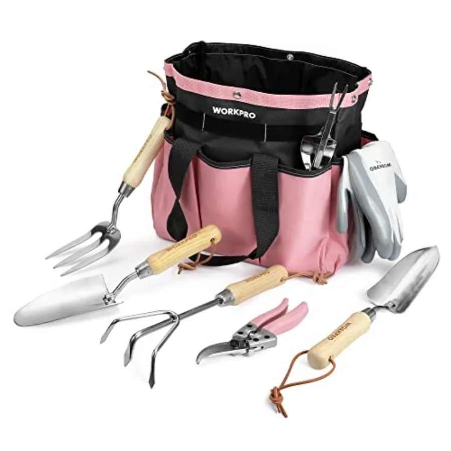

8-Piece Garden Tool Set Stainless Steel Gardening Tools with Wood Handle Including Garden Tote Gloves Trowel Hand Weeder Cultiv