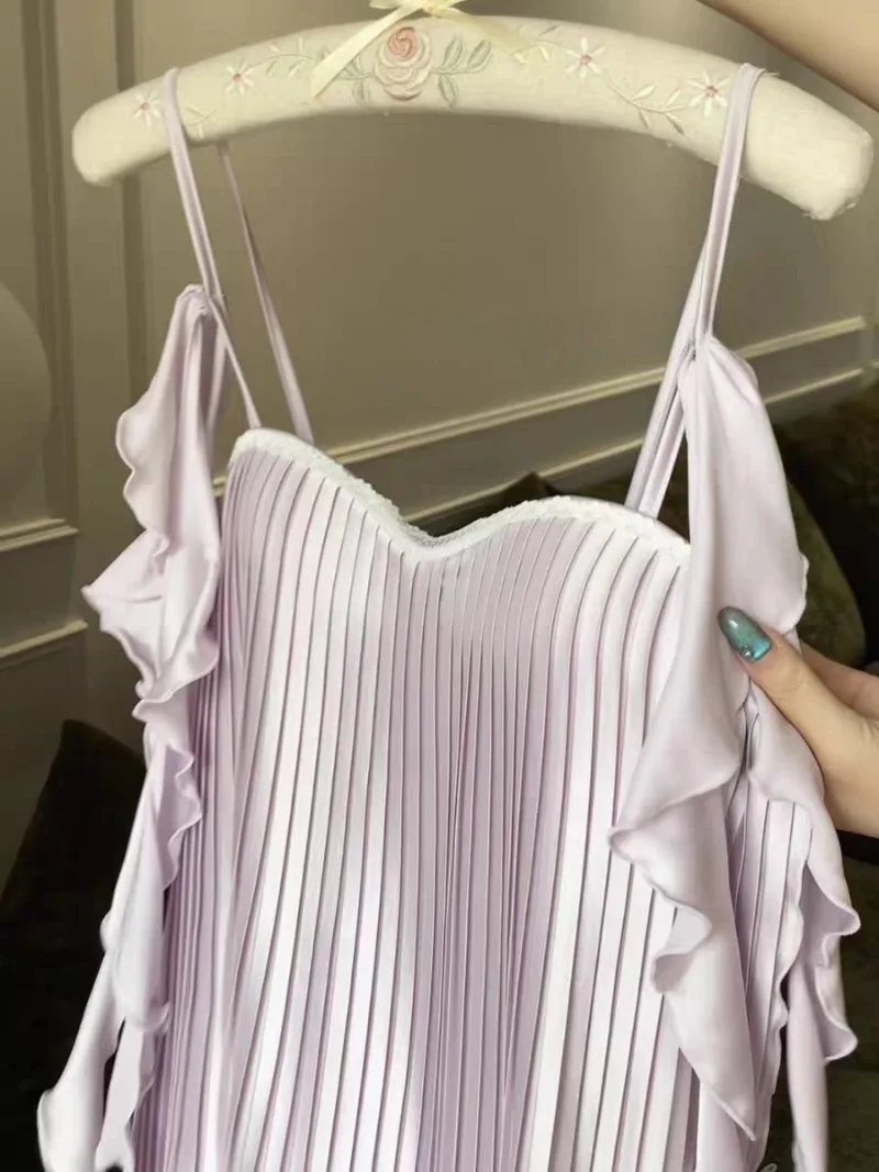 Sweet Sleepwear Women Soft Silk Chiffon Pleated Suspender Pajama Off Shoulder Lingerie Sexy Loose Puff Wrinkle Nightgowns 2026 6