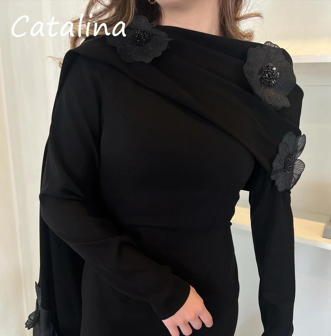 Black Flower Prom Dresses A Line Luxury Evering Dress For Woman Custom O Neck Long Sleeve Saudi Arabia Formal Party Dress 2024