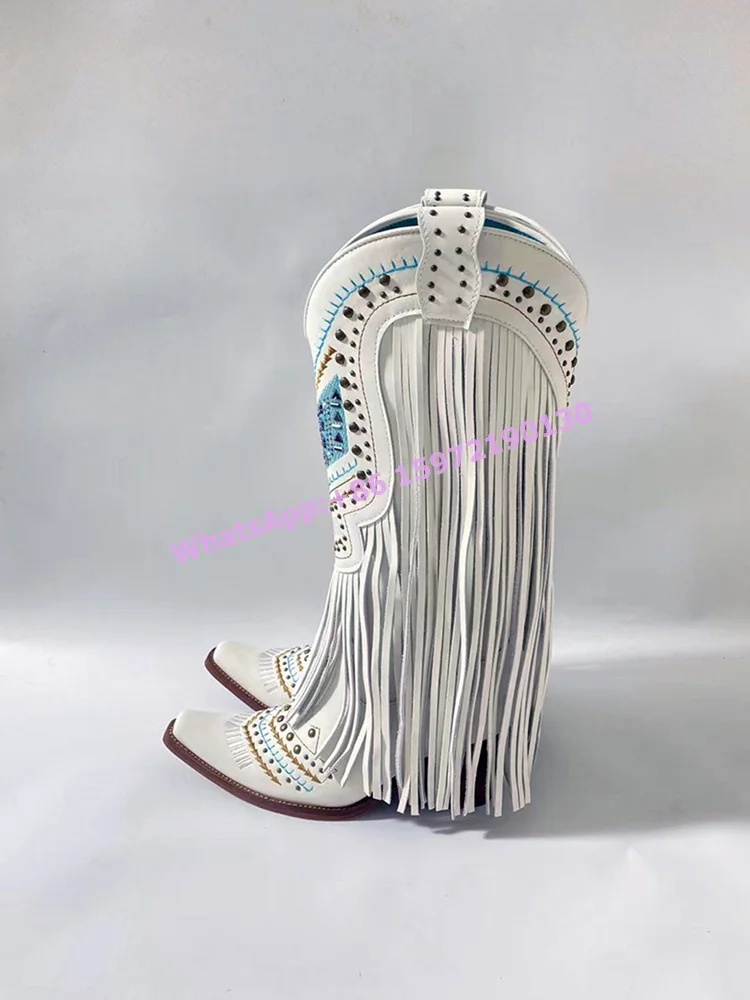 Fringe Rivet Knee High Boots White Blue Sewing Chunky Heels Slip On Western Style Cowgirls Boots Sexy Fashion Women's Shoes 2025