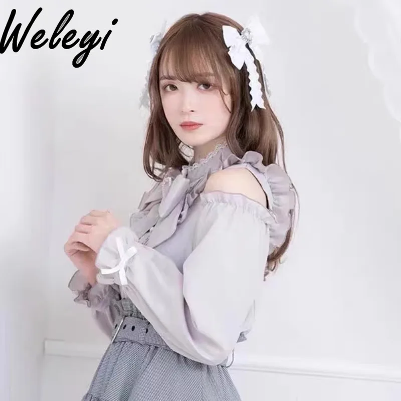 Japanese Mine Lolita Shirts Sweet Dream Outlook Off Shoulder Blouses Cute Long Sleeve Chiffon Innerwear Koszule I Bluzki Tops