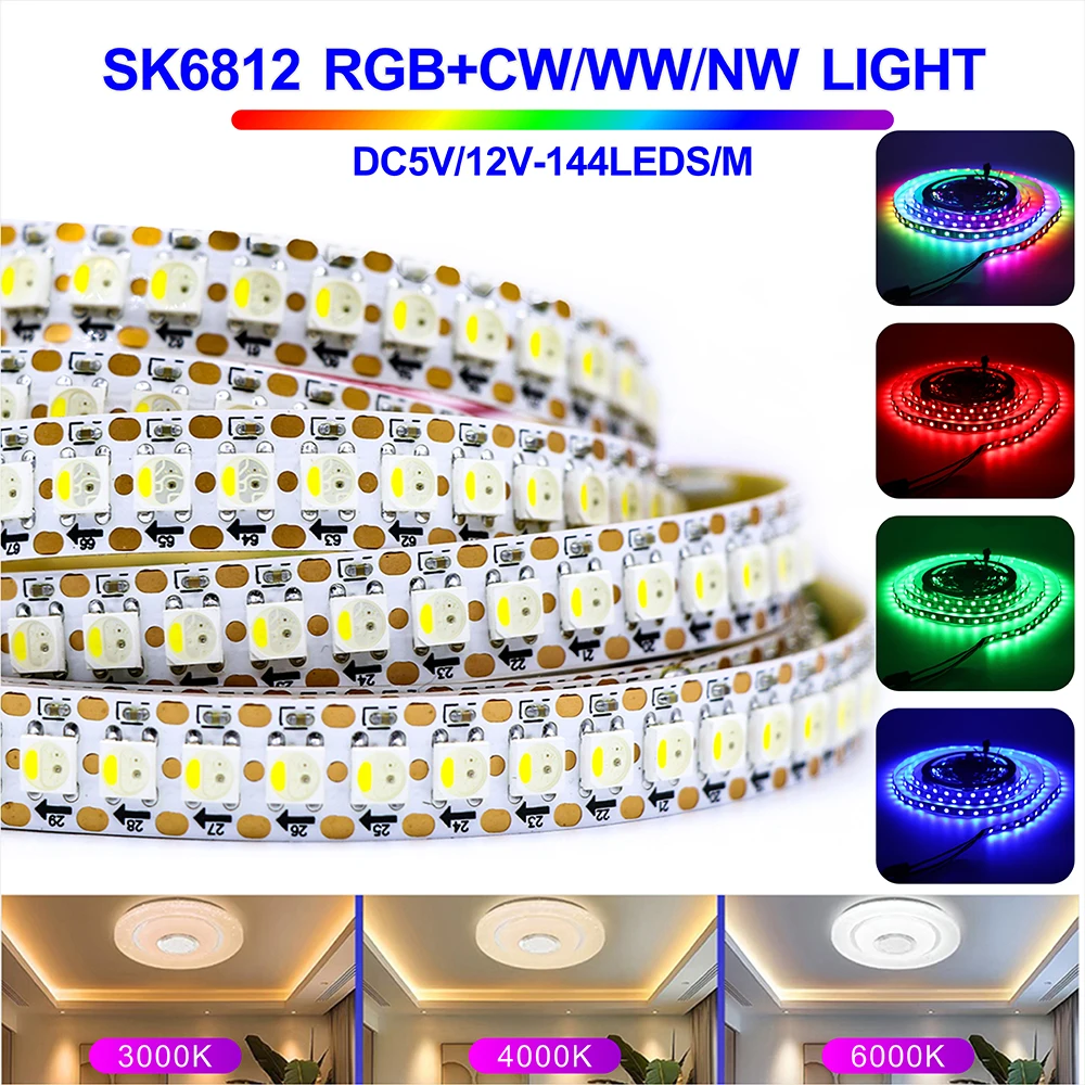 SK6812 RGBW 4in1 LED Strip 5V 12V Addressable Programmable 144LEDs/m WW NW CW Dream Color Pixel Tape 16.4ft Home TV Cabinet Deco
