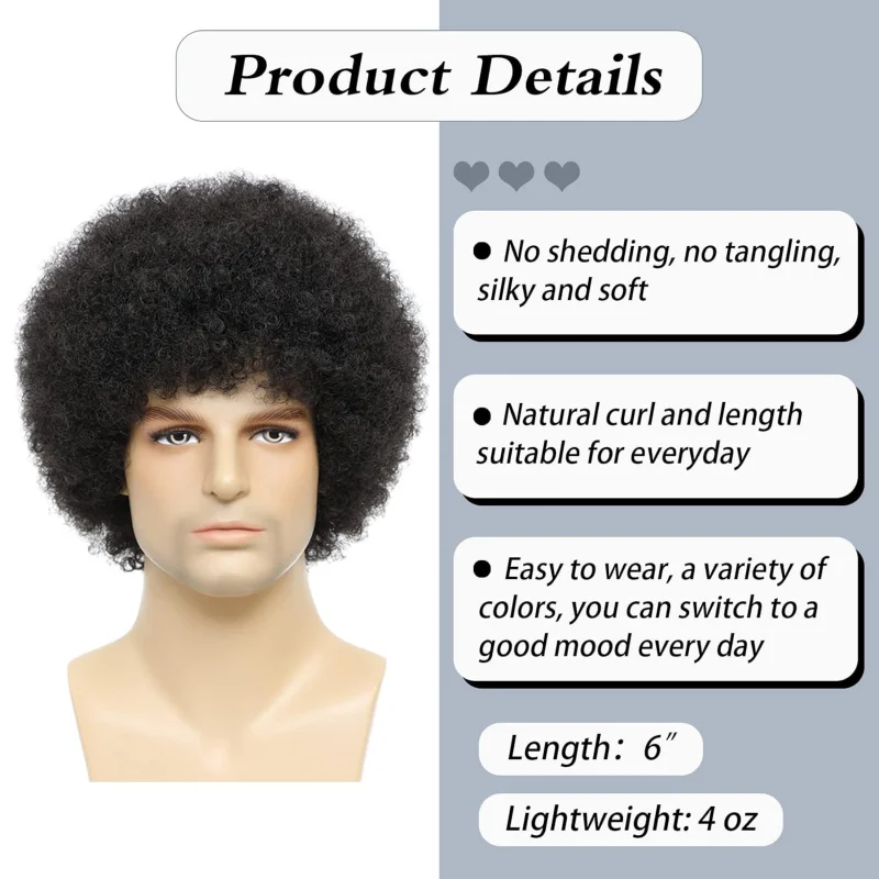 Afro Wig Men，70's Costumes for Men Heat Resistant Synthetic Disco Wig（Black,6 inch）