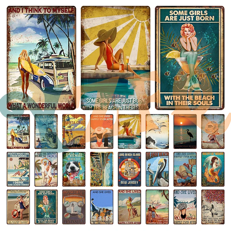 Beach Surf  Mermaid Retro Metal Tin Sign Summer  Vintage Plaque Beach Bar Home Art  Wall Decoration Retro Posters DZ-0025A