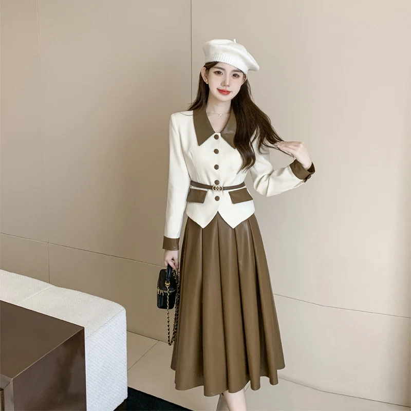 

UNXX Spring Elegant White Splice Lapel Single Breasted Long Sleeve Contrasting Belt Coats + Pleated Skirt Two Pieces Set Women