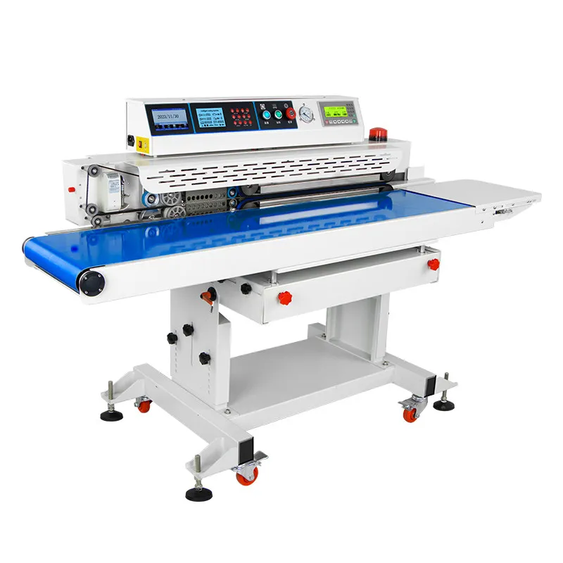 Continuous Vacuum Inflation Inkjet Coding Band Sealer Digital Conveyor Plastic Bag Sealing Machine with Mobile Wheels Customized
