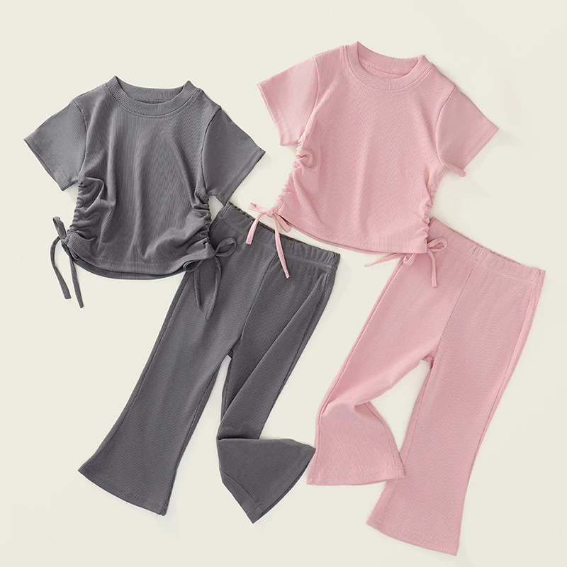 

2025 New Summer 2-7Yrs Children Clothes Suit Short Sleeved Solid Color T-shirt+Pants Baby Girls Clothing Set