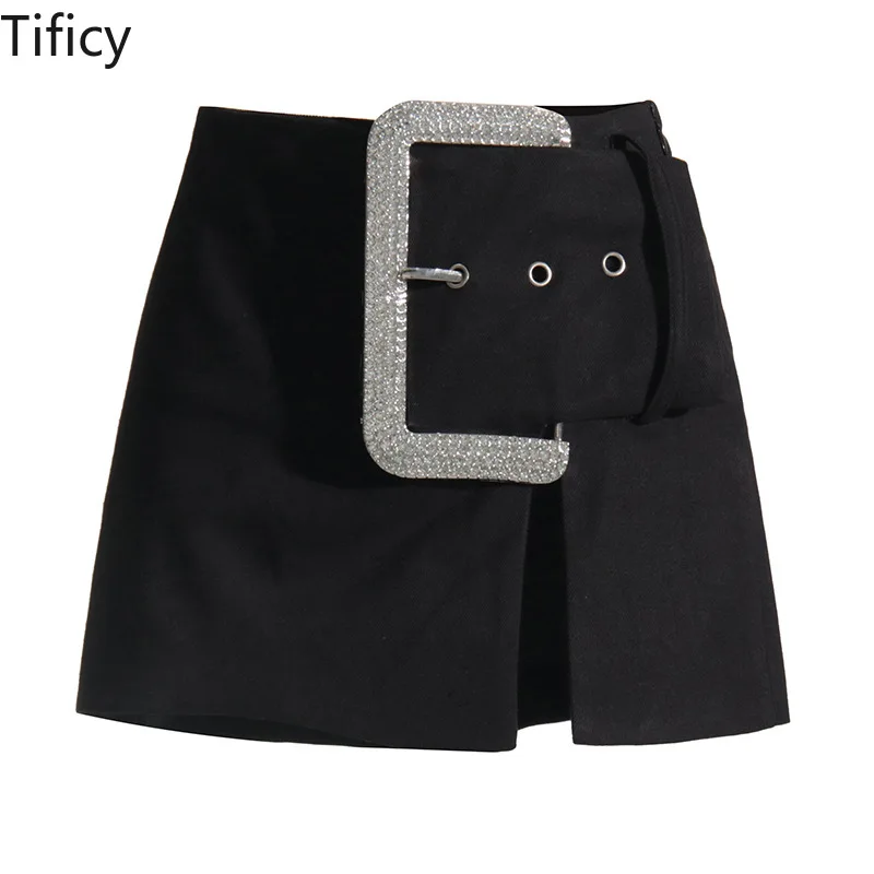 Spicy Girl Style Short Skirt 2024 Women's New Design Sense Splicing with Diamond Waist Buckle Decoration Skirts