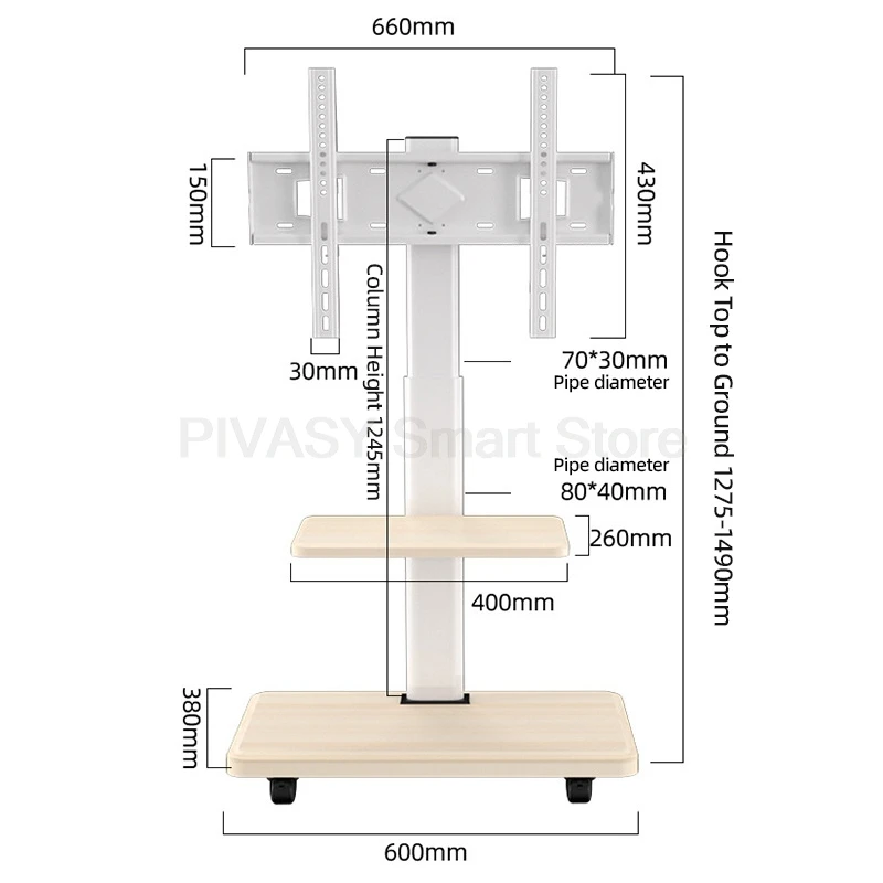 55インチ、65インチ、75インチスクリーン対応 モバイルフロアマウント モダン木製テレビスタンド ローリングカート トレイ付き 360度回転ホイール 省スペース リビングルーム用