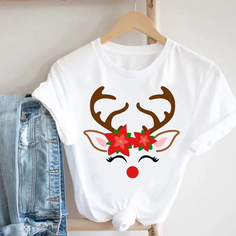 Cartoon Rudolph Reindeer Snowflake Print T Shirt Women Merry Christmas Holiday Short Sleeve Top