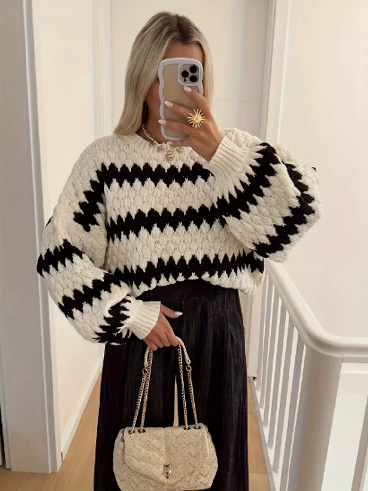 

New Autumn Winter Casual Striped Long Sleeve Loose Women Knitted Pullover Sweater, Elegant Lady Jumpers, Women Clothing Y2k
