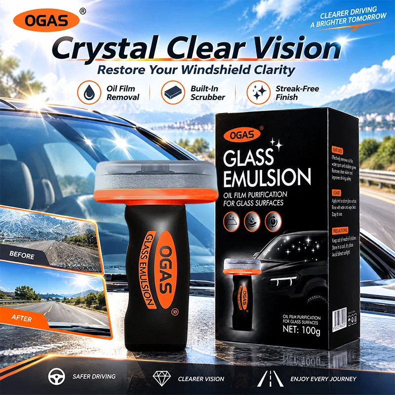 Glass Oil Film Remover Handle 100g Car Windshield Emulsion Cleaner with Built-In Sponge Scrubber Streak-Free Crystal Clear Glass