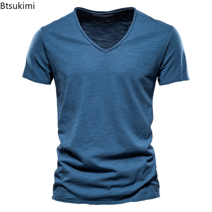 

Brand New Quality 100% Cotton Short Sleeve T-shirts for Men Summer Fashion V Neck Solid Casual Tops Male Basic Tees Big Size 5XL