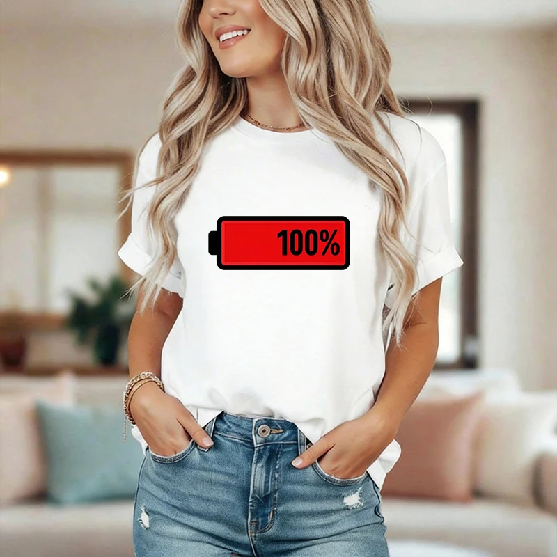 Funny Full Battery T Shirt for Women 90s Fashion Tshirt Letter Print Short Sleeve Round Neck Tops Women's Casual Summer T-shirt