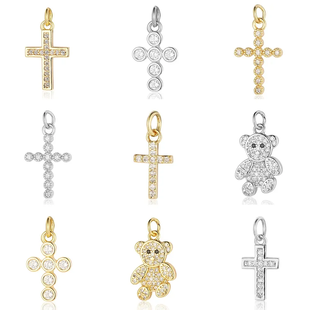 5 Peças/Lote, 2 Cores, Pingente de Joias DIY em Cobre com Zircônia e Olho Grego Religioso, Berloques de Cruz e Urso com Zircônia Cúbica para Fabricação de Colares e Brincos, Atacado