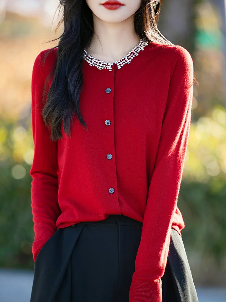 

New Fall Winter Wool Cardigan Long Sleeve Crystal Diamond O-Neck Collar Knitwear Women's Worsted Spinning Sweater Fashion Coat