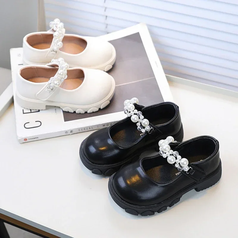 

Little Girl Leather Shoes Black Beige Simple Kids Fashion Mary Jane Shoes Platform Versatile Rhinestone Children Princess Shoes