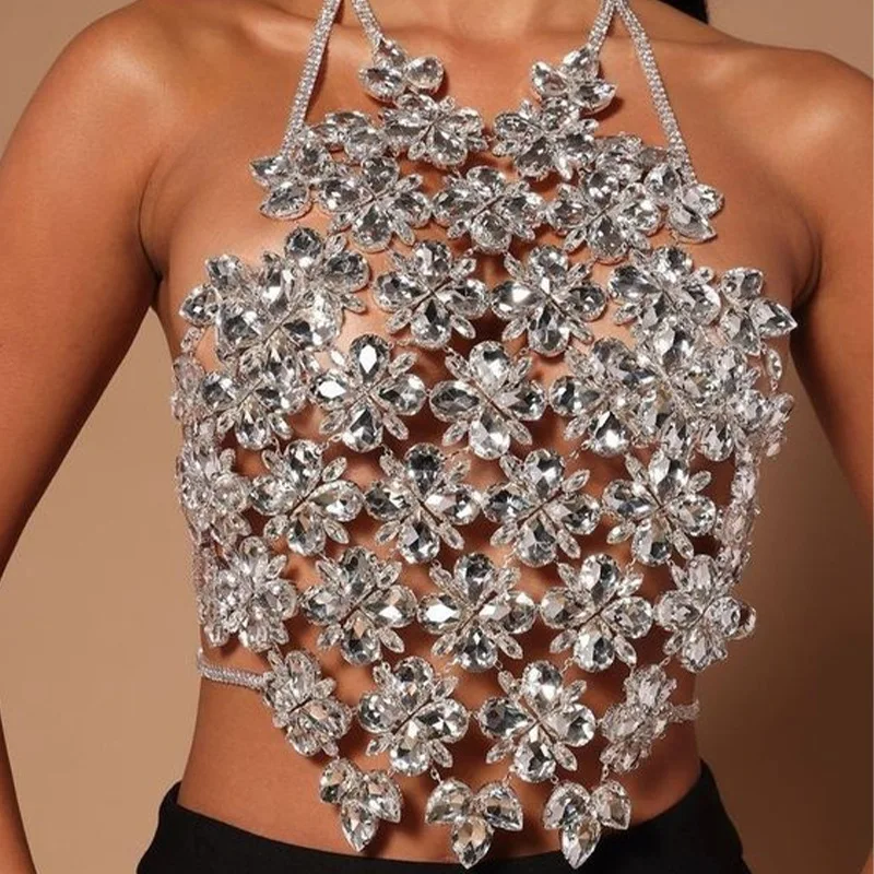 

Woman Sexy Body Jewelry Rhinestone Fashion Party Nightclub Flower Chest Chain Female Bikini Sling Chest Chain