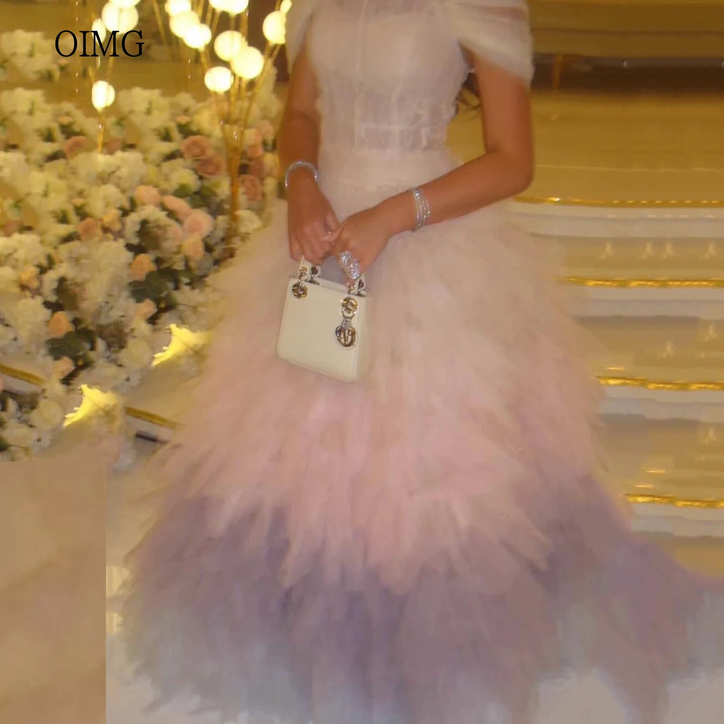 

OIMG Dreamy Multicoloured A Line Prom Gowns Off The Shoulder Tiered Party Gown Floor Length Evening Dress Customized