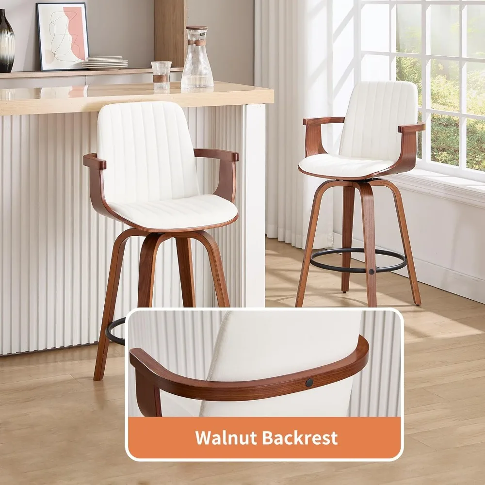 مجموعة مقاعد بار ذات ارتفاع مضاد مكونة من 2، 26 مقعدًا دوارًا مع ظهر مرتفع وأذرع خشبية، وكراسي بار حديثة من جلد البولي يوريثان.