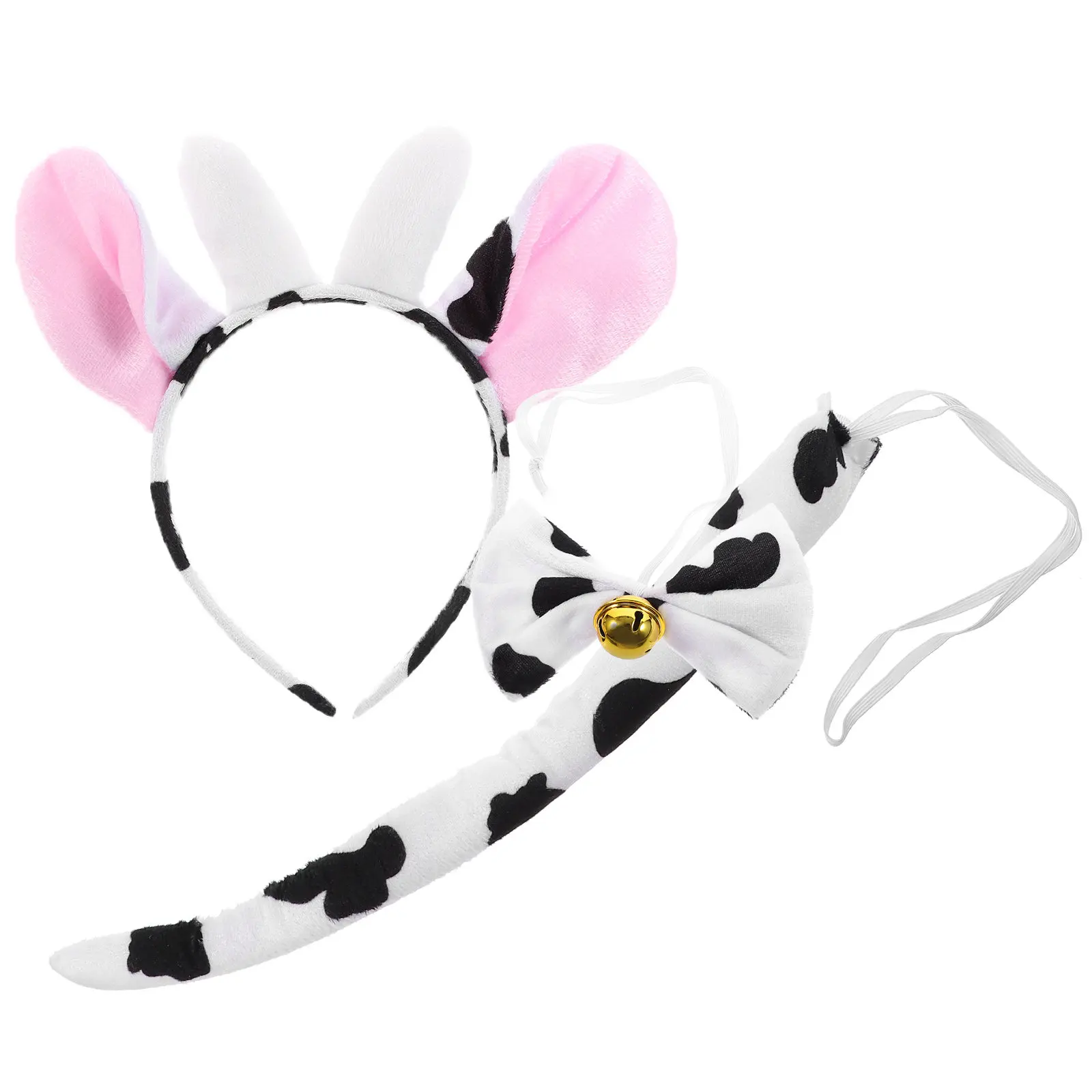1Set Cow Ear Headband and Tail Set Animal Costume Accessories for Halloween Cosplay Birthday Party Dress Up Comfortable Secure